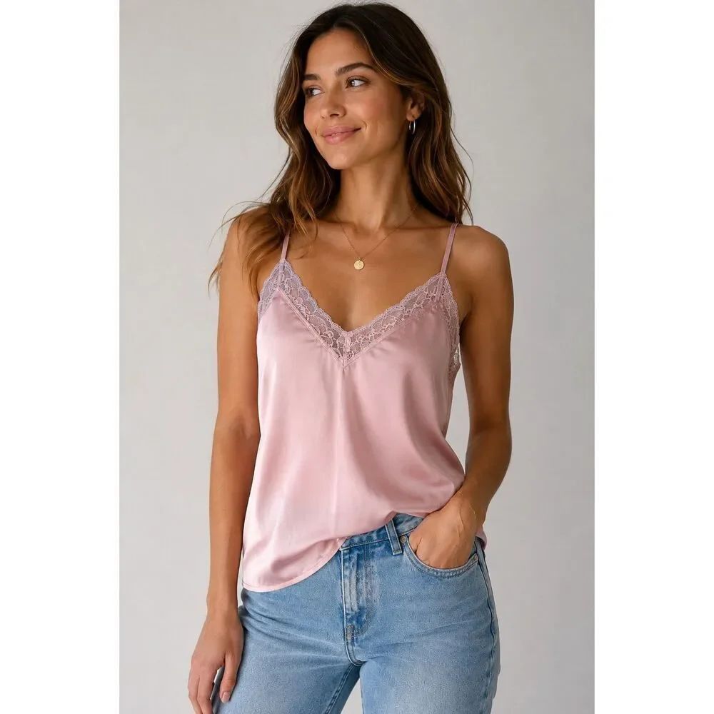 Forever 21 Pink Satin Lace Trim Cami Tank Top Small